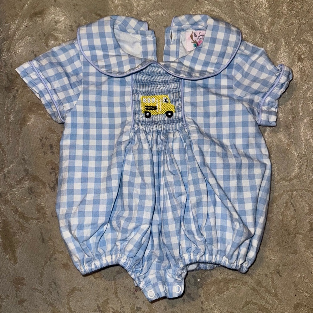 Blue Checkered Bubble with Embroidered Bus